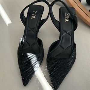 Black Zara sling back rhinestone heels size 38